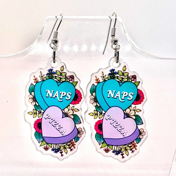 Handmade Jewelry - Pizza + Naps Earrings - Funny Earrings - Food Earrings - Heart Earrings - Teen